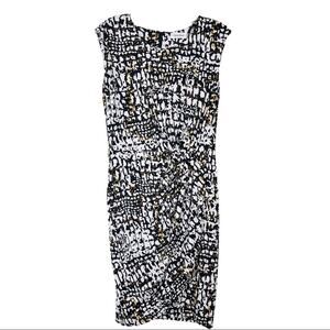 Calvin Klein white black abstract faux wrap dress